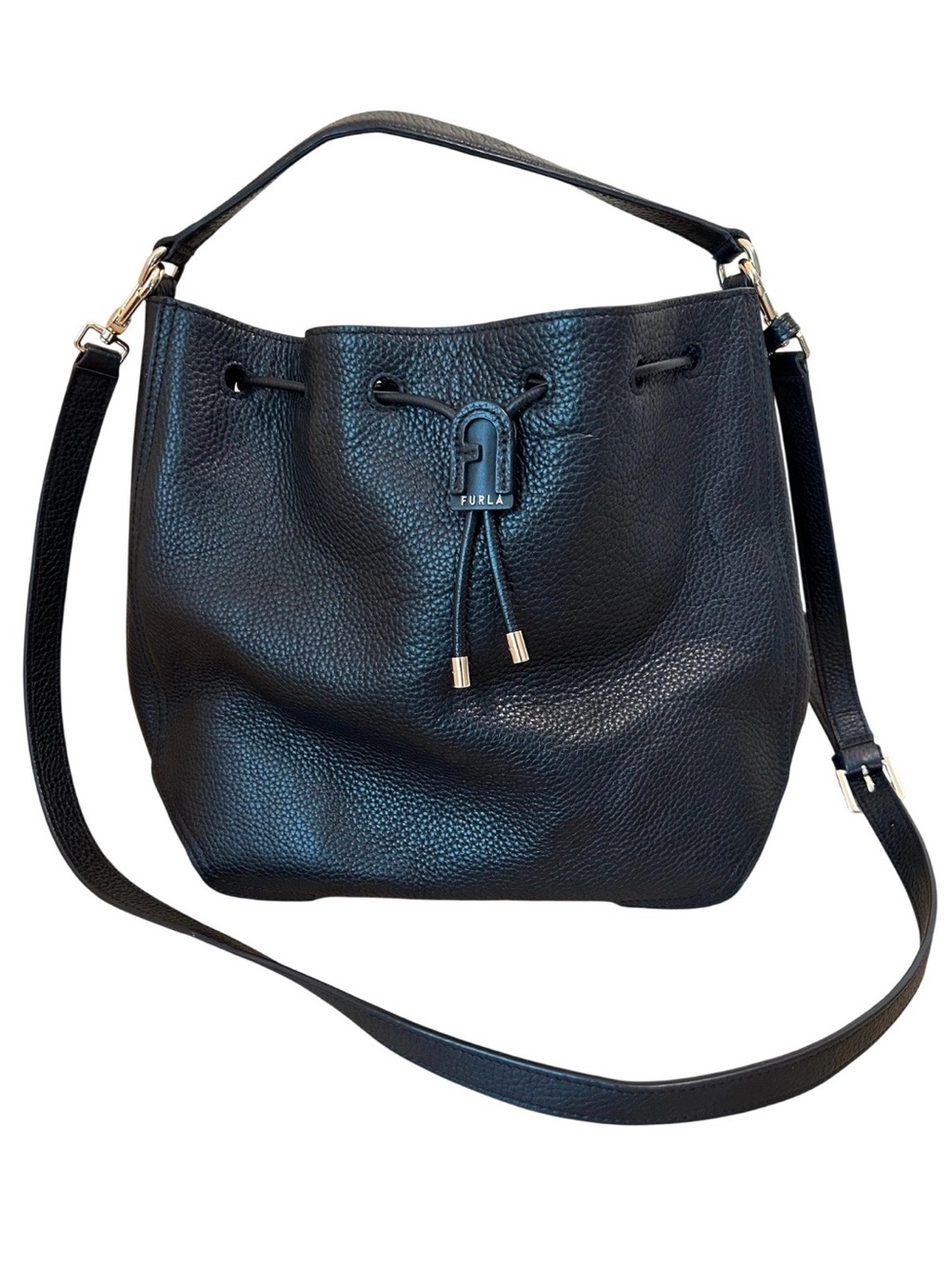 Furla atena black pebbled leather bucket crossbody bag purse
